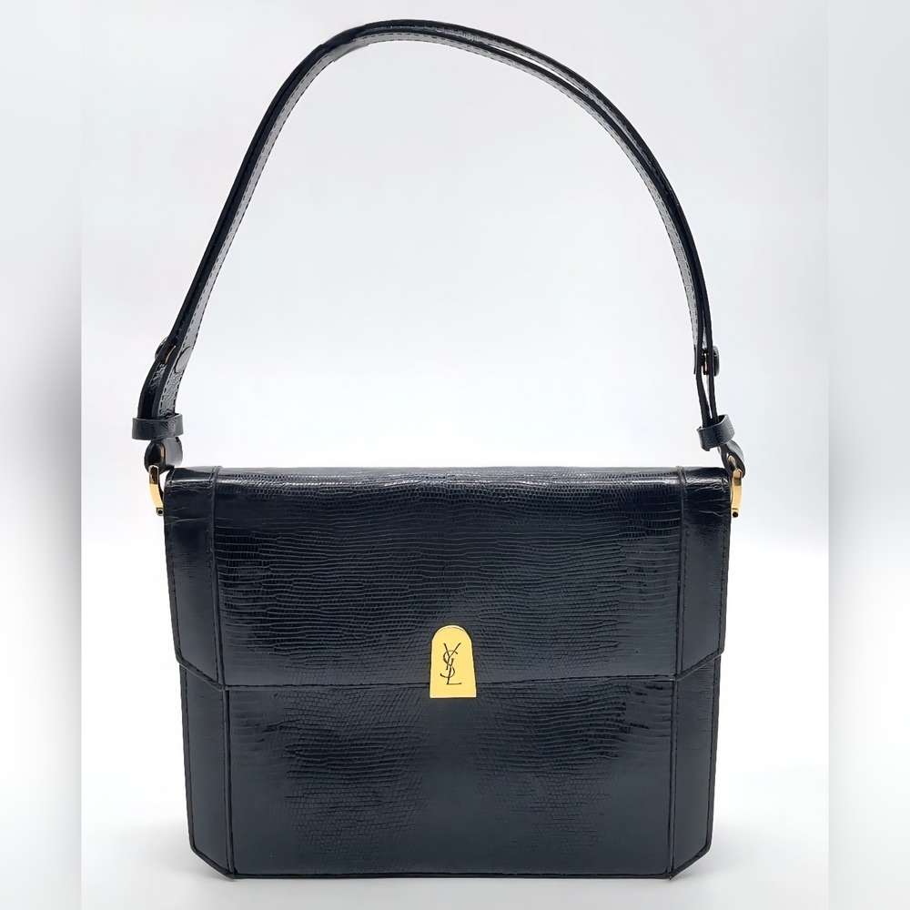 Authentic Vintage Yves Saint Laurent Lizard-embossed CassandreBlack Shoulder Bag